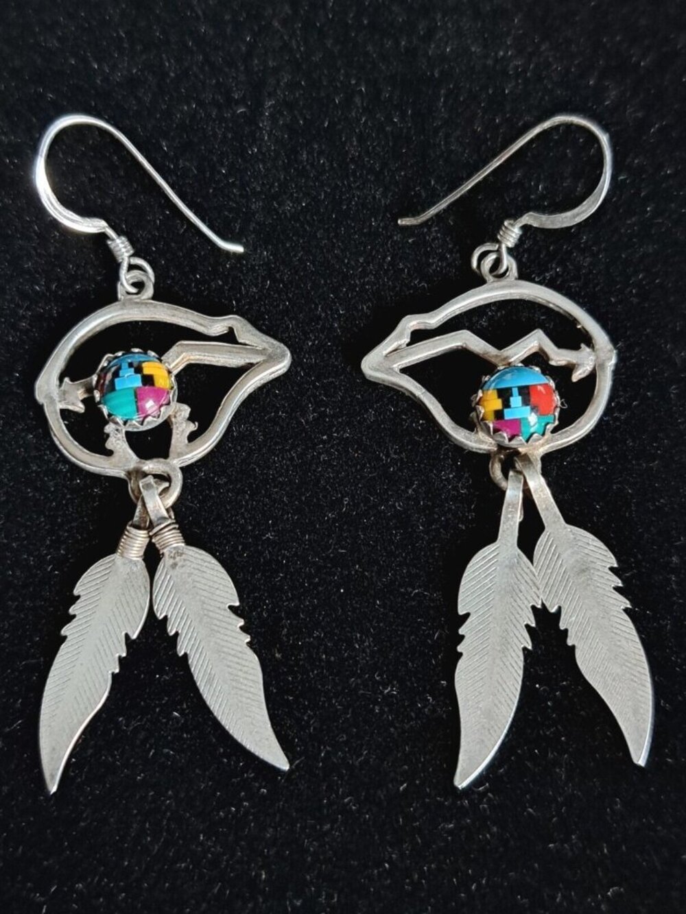 Vintage Southwestern Sterling Silver 925 Navajo Feather Colored Mosaic Earrings